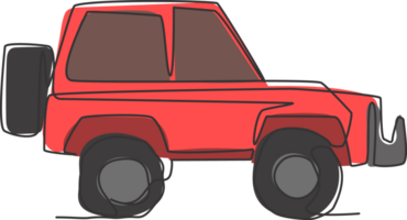 einer kontinuierlich Linie Zeichnung von suv Auto zum Offroad Schiene. Transport Fahrzeug Konzept. dynamisch Single Linie zeichnen Grafik Design Illustration png