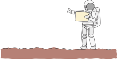 One single line drawing of astronaut hitchhiker holding paper board and wait at side of the road in moon surface illustration. Cosmonaut deep space concept. Modern continuous line draw design png