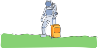 Single continuous line drawing of young astronaut carrying luggage bag want to travel in moon surface. Space man cosmic galaxy concept. Trendy one line draw design graphic illustration png