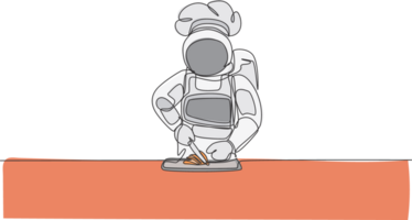 1 contínuo linha desenhando do astronauta chefe de cozinha corte Comida material para cozinhar delicioso prato para jantar. saudável cozinha cardápio em restaurante conceito. dinâmico solteiro linha desenhar Projeto ilustração png