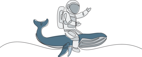 One continuous line drawing of spaceman take a walk riding a blue whale, giant mammal animal in galaxy nebula. Deep space journey concept. Dynamic single line draw design illustration graphic png