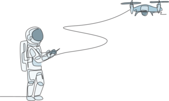 Célibataire continu ligne dessin astronaute en jouant drone avion radio contrôle dans lune surface. ayant amusement dans loisir temps sur extérieur espace concept. branché un ligne graphique dessiner conception illustration png