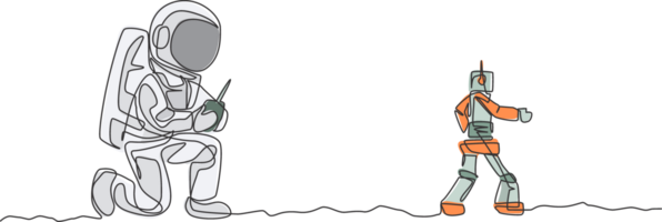 One continuous line drawing of astronaut playing robot radio control in moon cosmic galaxy. Outer space hobby and lifestyle concept. Dynamic single line draw graphic design illustration png