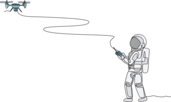 One continuous line drawing of astronaut playing drone plane radio control in moon cosmic galaxy. Outer space hobby and lifestyle concept. Dynamic single line draw design graphic illustration png