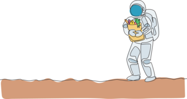 solteiro contínuo linha desenhando do cosmonauta trazer papel saco cheio do mercearias em peito dentro lua superfície. galáxia astronauta agricultura vida conceito. na moda 1 linha desenhar gráfico Projeto ilustração png