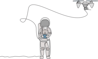 uno soltero línea dibujo astronauta jugando zumbido avión radio controlar en Luna tierra gráfico ilustración. haciendo pasatiempo mientras ocio hora en profundo espacio concepto. moderno continuo línea dibujar diseño png