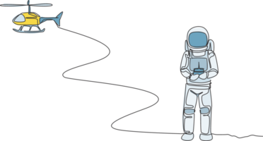 Célibataire continu ligne dessin de astronaute en jouant hélicoptère radio contrôle dans lune surface. ayant amusement dans loisir temps sur extérieur espace concept. branché un ligne dessiner conception graphique illustration png