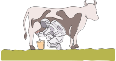 einer Single Linie Zeichnung von Astronaut Hocken Nieder Melken Kuh und stellen in Milch können Eimer im Mond Oberfläche Grafik Illustration. äußere Raum Landwirtschaft Konzept. modern kontinuierlich Linie zeichnen Design png