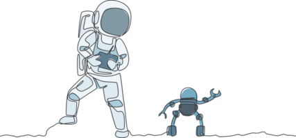 Célibataire continu ligne dessin de astronaute en jouant robot radio contrôle dans lune surface. ayant amusement dans loisir temps sur extérieur espace concept. branché un ligne dessiner graphique conception illustration png