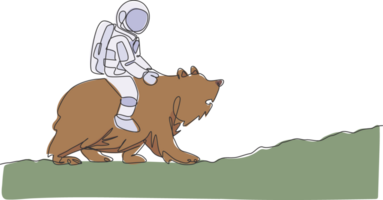 enda kontinuerlig linje teckning av kosmonaut med space ridning Björn, vild djur- i måne yta. fantasi astronaut safari resa begrepp. trendig ett linje dra design grafisk illustration png