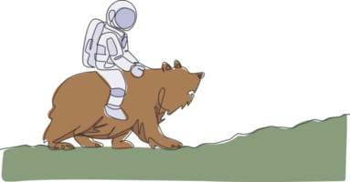 Célibataire continu ligne dessin de cosmonaute avec scaphandre équitation ours, sauvage animal dans lune surface. fantaisie astronaute safari périple concept. branché un ligne dessiner conception graphique illustration png