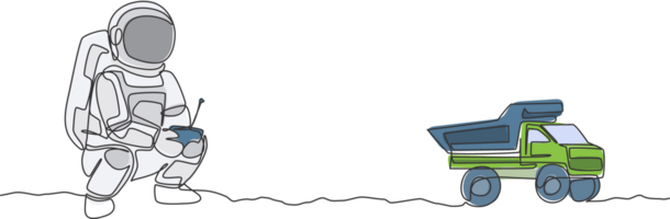 uno soltero línea dibujo de astronauta jugando tugurio camión radio controlar en Luna tierra gráfico ilustración. haciendo pasatiempo mientras ocio hora en profundo espacio concepto. moderno continuo línea dibujar diseño png