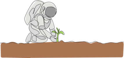 One continuous line drawing of spaceman planting new species tree seed carefully in moon surface. Deep space farming astronaut concept. Dynamic single line draw design graphic illustration png