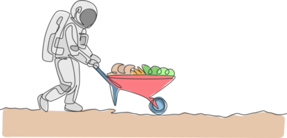 One single line drawing of astronaut pushing wheelbarrow full of fruits and vegetables in moon surface illustration graphic. Outer space farming concept. Modern continuous line draw design png