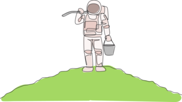 Single continuous line drawing of cosmonaut carrying bucket and hoe on shoulder while standing in moon surface. Galaxy astronaut farming life concept. Trendy one line draw design illustration png