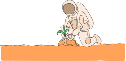 ett enda linje teckning av astronaut plantering ny arter träd utsäde försiktigt i måne yta illustration. yttre Plats jordbruk begrepp. modern kontinuerlig linje dra grafisk design png