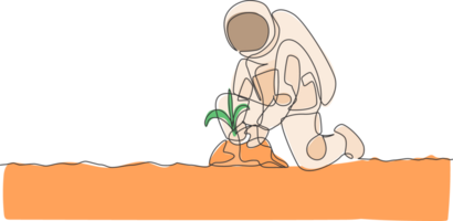 One single line drawing of astronaut planting new species tree seed carefully in moon surface illustration. Outer space farming concept. Modern continuous line draw graphic design png