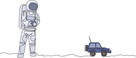 uno singolo linea disegno di astronauta giocando auto Radio controllo nel Luna terra grafico illustrazione. fare passatempo mentre tempo libero tempo nel in profondità spazio concetto. moderno continuo linea disegnare design png