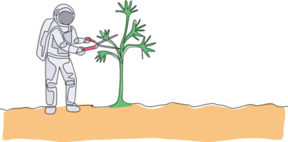 einer Single Linie Zeichnung von Astronaut Schneiden Baum Blatt mit Gartenarbeit Schere im Mond Oberfläche Grafik Illustration. äußere Raum Gartenarbeit Konzept. modern kontinuierlich Linie zeichnen Design png