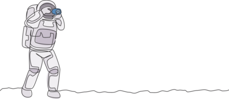 uno continuo linea disegno di astronauta fare fotografia con dslr telecamera nel Luna cosmico galassia. esterno spazio passatempo e stile di vita concetto. dinamico singolo linea disegnare design grafico illustrazione png