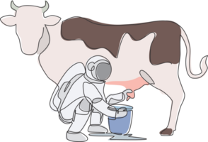 einer kontinuierlich Linie Zeichnung von Raumfahrer Astronaut Hocken Nieder Melken Kuh und stellen in Milch können Eimer im Mond Oberfläche. tief Raum Landwirtschaft Astronaut Konzept. Single Linie zeichnen Design Illustration png