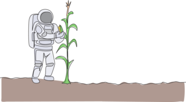 ett kontinuerlig linje teckning av spaceman plockning ljuv majs från växt i måne yta. djup Plats jordbruk astronaut begrepp. dynamisk enda linje dra grafisk design illustration png