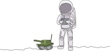 One continuous line drawing of astronaut playing war tank radio control in moon cosmic galaxy. Outer space hobby and lifestyle concept. Dynamic single line draw design graphic illustration png