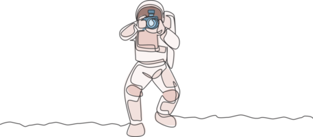 Single continuous line drawing astronaut doing photography with dslr camera in moon surface. Having fun in leisure time on outer space concept. Trendy one line draw design illustration graphic png