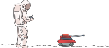 Single continuous line drawing of astronaut playing metal war tank radio control in moon surface. Having fun in leisure time on outer space concept. Trendy one line draw design illustration png
