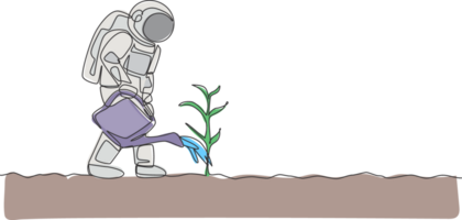 Single continuous line drawing cosmonaut watering plant tree using plastic watering can in moon surface. Galaxy astronaut farming life concept. Trendy one line draw design graphic illustration png