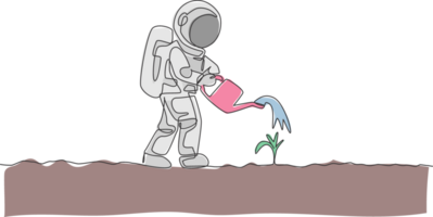 One continuous line drawing of spaceman watering plant tree using metal watering can in moon surface. Deep space farming astronaut concept. Dynamic single line draw graphic design illustration png