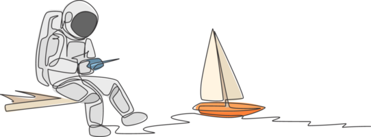 1 contínuo linha desenhando do astronauta jogando barco a vela rádio ao controle dentro lua cósmico galáxia. exterior espaço passatempo e estilo de vida conceito. dinâmico solteiro linha desenhar gráfico Projeto ilustração png