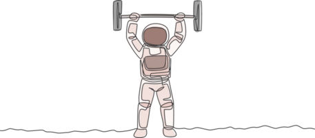 Single kontinuierlich Linie Zeichnung von muskulös Astronaut Zug Heben Hantel im Mond Oberfläche. Bodybuilding im Freizeit Zeit auf äußere Raum Konzept. modisch einer Linie zeichnen Grafik Design Illustration png