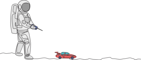 soltero continuo línea dibujo de astronauta jugando sedán coche radio controlar en Luna superficie. teniendo divertido en ocio hora en exterior espacio concepto. de moda uno línea dibujar diseño gráfico ilustración png