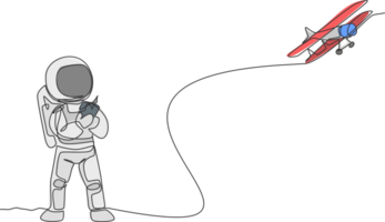 One single line drawing of astronaut playing airplane radio control in moon land graphic illustration. Doing hobby while leisure time in deep space concept. Modern continuous line draw design png