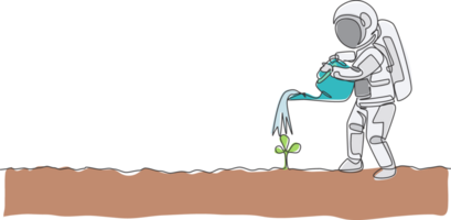 One single line drawing of astronaut watering plant tree using metal watering can in moon surface graphic illustration. Outer space farming concept. Modern continuous line draw design png