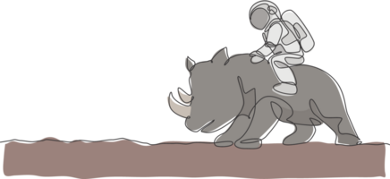 One continuous line drawing of spaceman take a walk riding a rhinoceros, wild animal in moon surface. Deep space safari journey concept. Dynamic single line draw graphic design illustration png