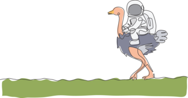 soltero continuo línea dibujo de cosmonauta con traje espacial montando avestruz, grande pájaro animal en Luna superficie. fantasía astronauta safari viaje concepto. de moda uno línea dibujar diseño ilustración png