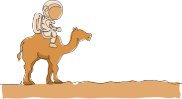 Célibataire continu ligne dessin de cosmonaute avec scaphandre équitation désert chameau, ferme animal dans lune surface. fantaisie astronaute safari périple concept. branché un ligne dessiner conception illustration png