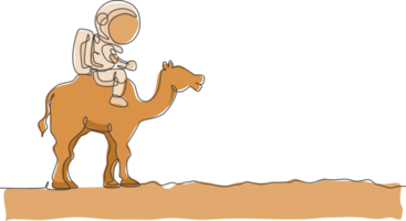 Single continuous line drawing of cosmonaut with spacesuit riding desert camel, farm animal in moon surface. Fantasy astronaut safari journey concept. Trendy one line draw design illustration png