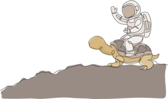 One continuous line drawing of spaceman take a walk riding a tortoise and waving hand in moon surface. Deep space safari journey concept. Dynamic single line draw design illustration graphic png