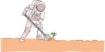 One single line drawing of astronaut digging up soil using metal shovel in moon surface graphic illustration. Outer space farming concept. Modern continuous line draw design png