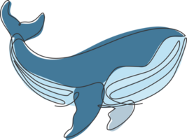 One continuous line drawing of big giant blue whale. Protected mammal animal species in ocean. Gigantic underwater creature concept. Dynamic single line draw design illustration graphic png