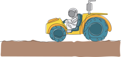 One single line drawing of astronaut riding tractor to leveling and flattening the ground in moon surface illustration. Outer space farming concept. Modern continuous line graphic draw design png