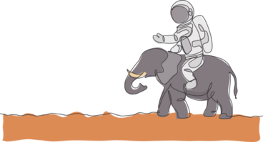 ett kontinuerlig linje teckning av kosmonaut med space ridning aisan elefant, vild djur- i måne yta. astronaut Zoo safari resa begrepp. trendig enda linje dra design illustration png