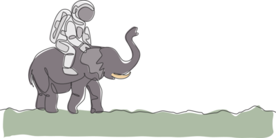 singolo continuo linea disegno di cosmonauta con tuta spaziale equitazione asiatico elefante, selvaggio animale nel Luna superficie. fantasia astronauta safari viaggio concetto. di moda uno linea disegnare design illustrazione png