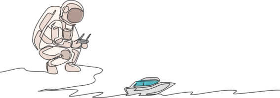 One single line drawing of astronaut playing speed boat radio control in moon land graphic illustration. Doing hobby while leisure time in deep space concept. Modern continuous line draw design png