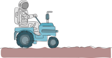 Single continuous line drawing of cosmonaut riding tractor to leveling and flattening the ground in moon surface. Galaxy astronaut farming life concept. Trendy one line draw design illustration png