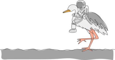 One continuous line drawing of spaceman take a walk riding a heron bird, wild animal in moon surface. Deep space safari journey concept. Dynamic single line draw graphic design illustration png