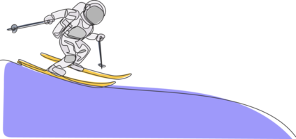 One continuous line drawing of astronaut skiing in deep space galaxy. Spaceman healthy fitness sport concept. Dynamic single line draw design graphic illustration png